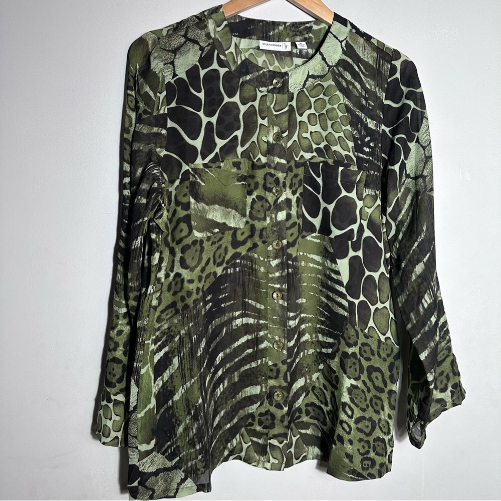 Olive & Black Mixed Animal Print Button-Front Blouse